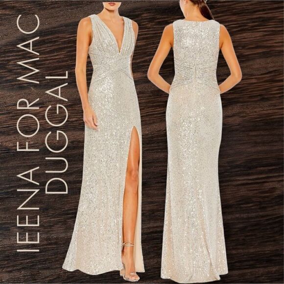 MAC DUGGAL Ieena by Mac Duggal Women’s V-Neck Sequined Wrap Waist Gown  Size 4 - Picture 1 of 11